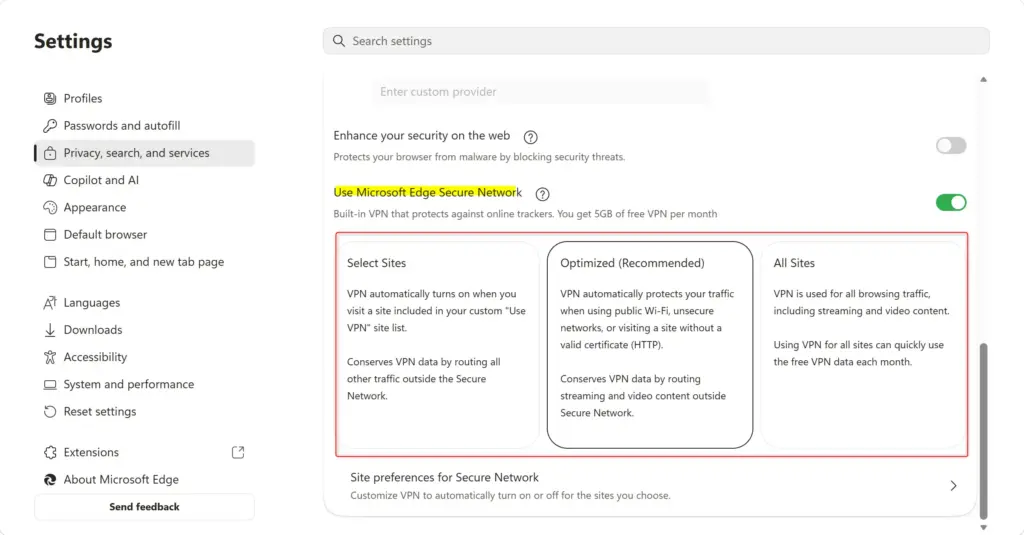 Microsoft Edge Secure Network VPN feature enabled in settings.