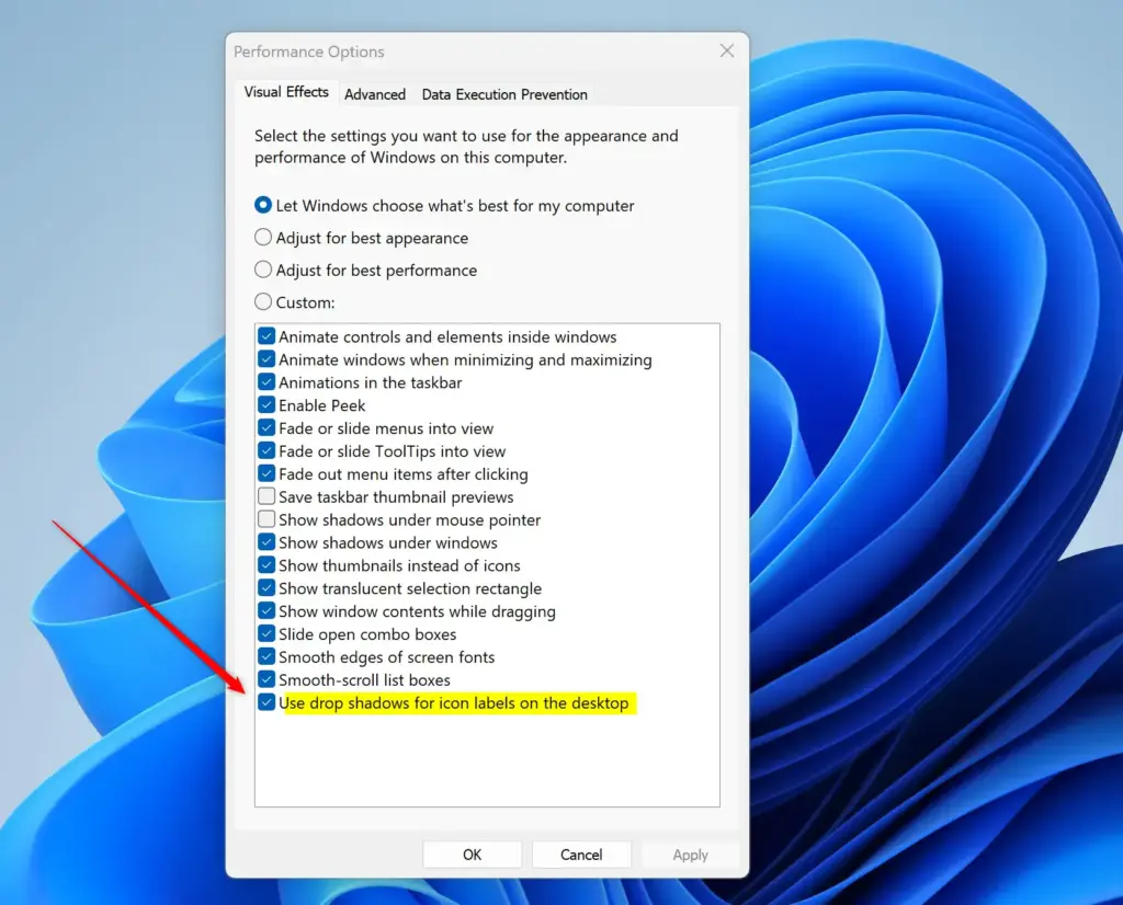 Enable or disable drop shadows for icon labels on Windows 11 desktop.