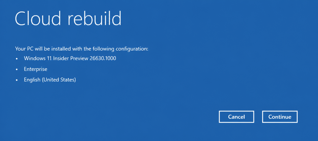 Cloud rebuild prompt in Windows Recovery Environment, asking to continue.