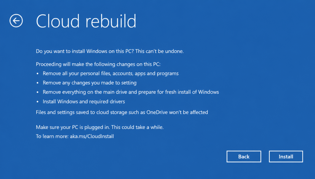 Cloud rebuild installation screen in Windows Recovery Environment.
