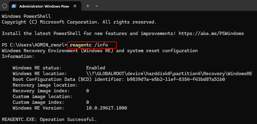 Windows Terminal window showing command to check WinRE version.