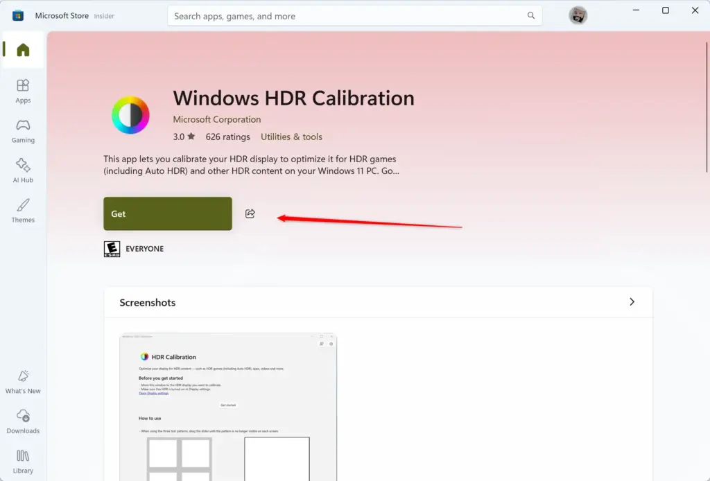 Windows HDR Calibration tool available for download in the Microsoft Store.