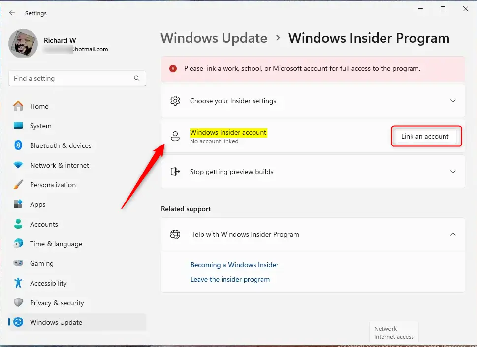 Get Started button to link account for Windows Insider Program.