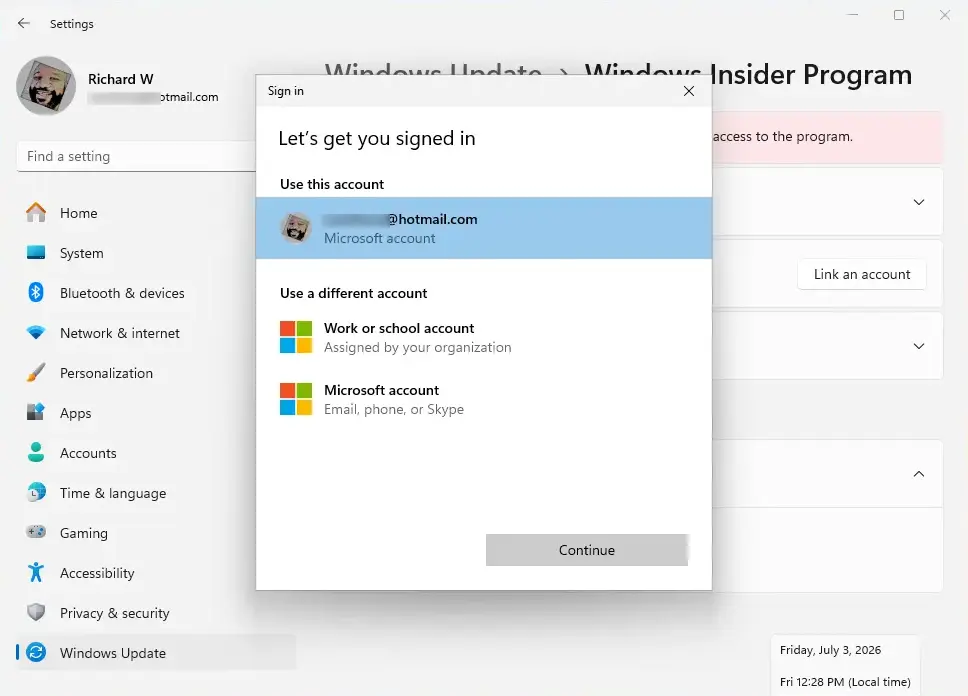 Link your Microsoft account for Windows Insider Program updates.