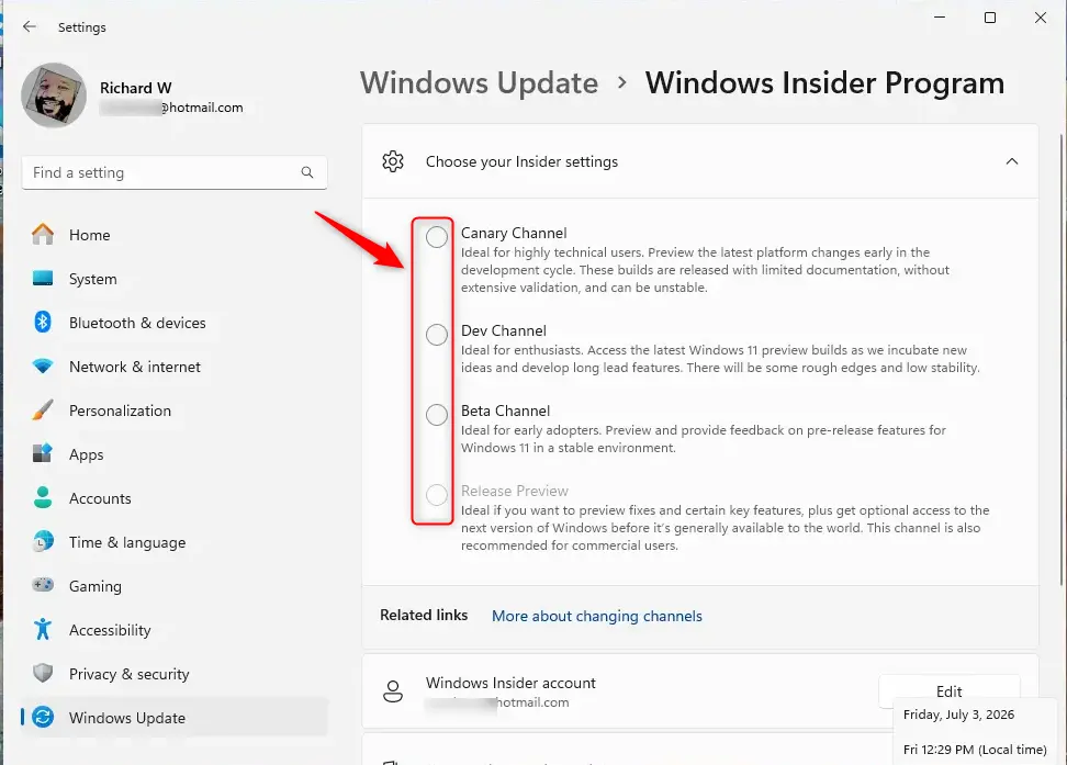 Windows Insider Program settings page in Windows 11.