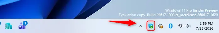 Windows Security app shield icon on Windows 11 taskbar system tray.