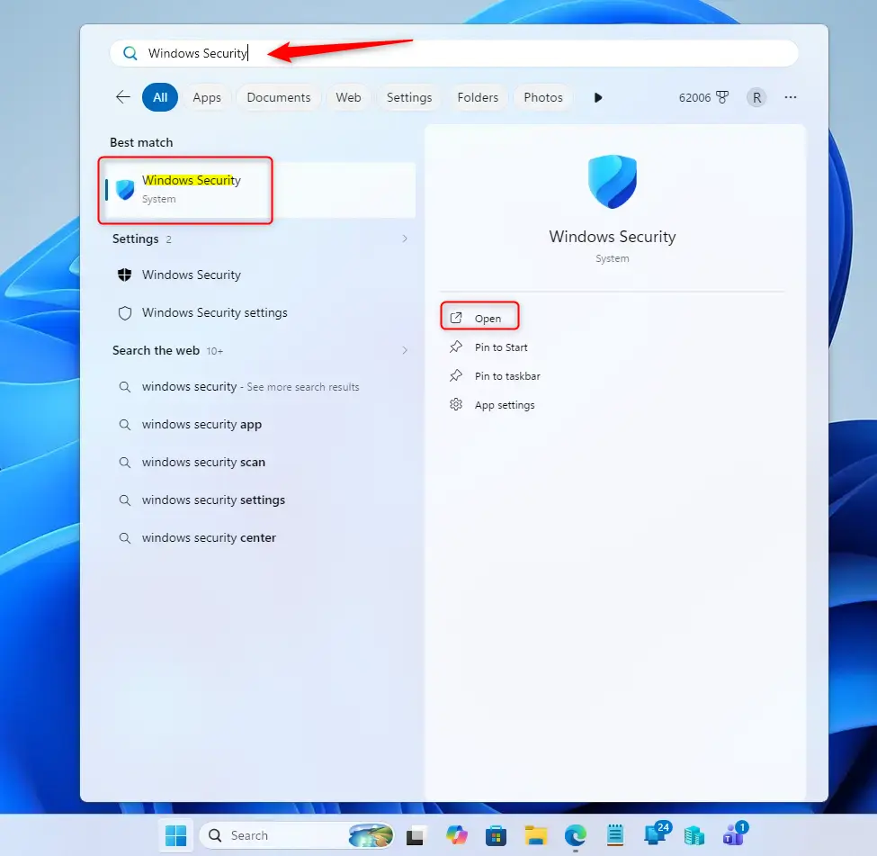 Windows Security app search result displayed on Windows 11 Start menu.