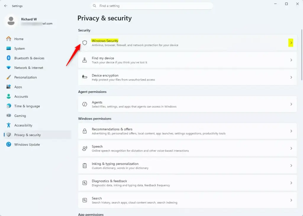 Windows Security tile highlighted within the Windows 11 Settings app.