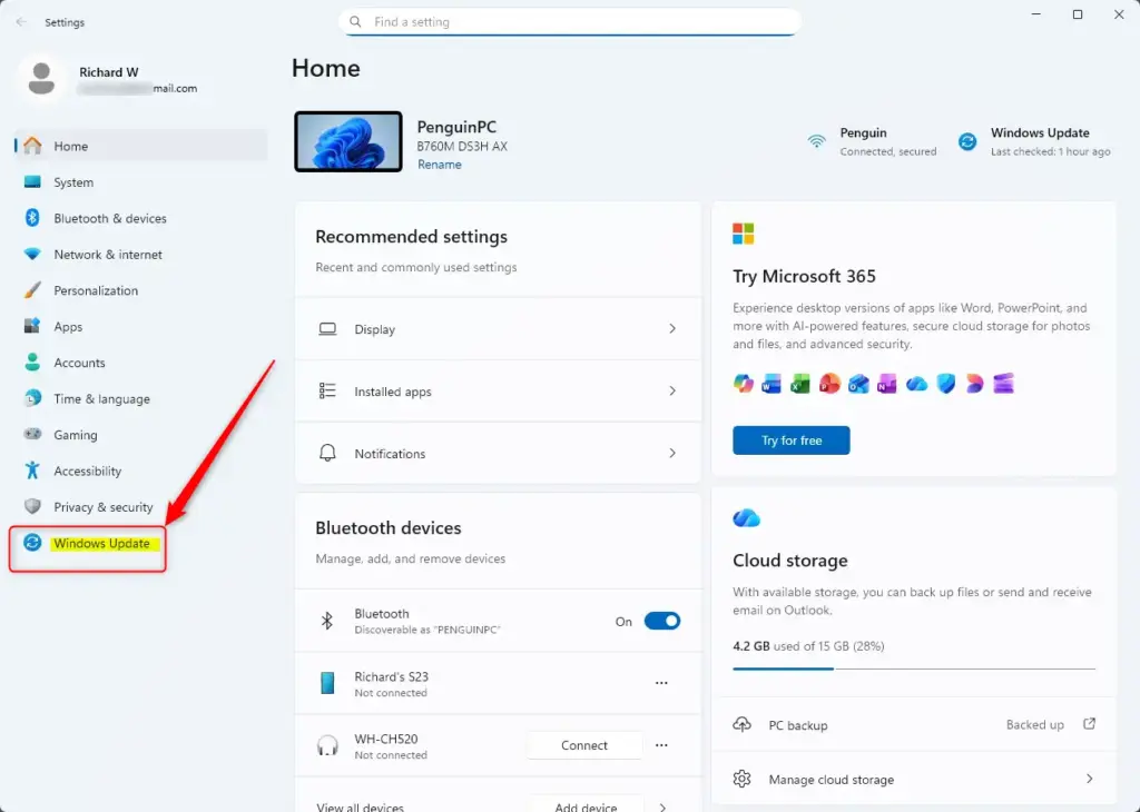 Windows Update button highlighted in Windows 11 Settings menu.