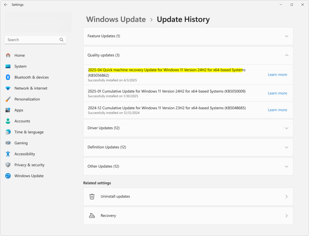 Windows Update history screen after Quick Machine Recovery completion.