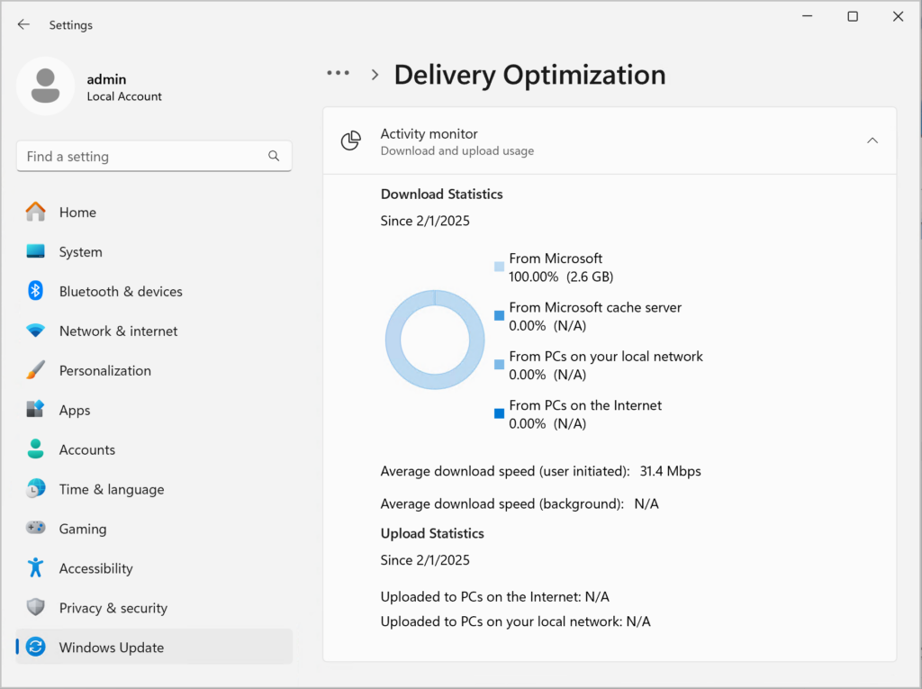 Activity Monitor for Delivery Optimization in Windows 11 showing download stats.