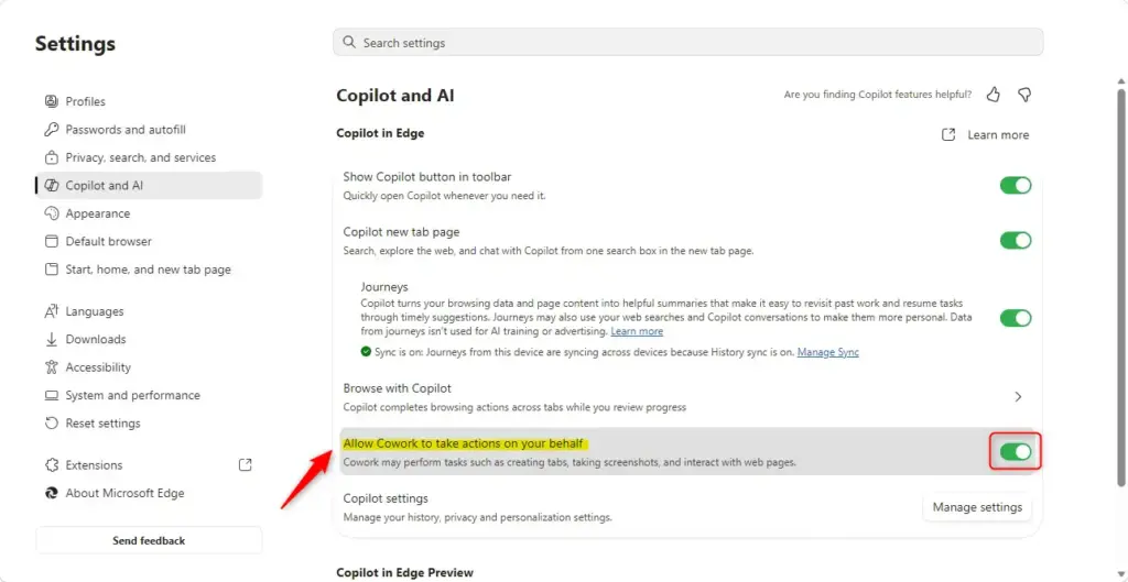 Allow Copilot to take actions on your behalf button in Edge settings.