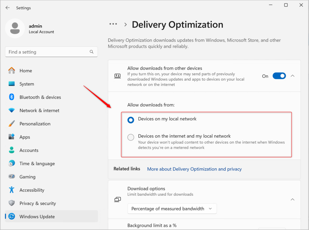 Delivery Optimization settings in Windows 11: Allow downloads from other PCs.