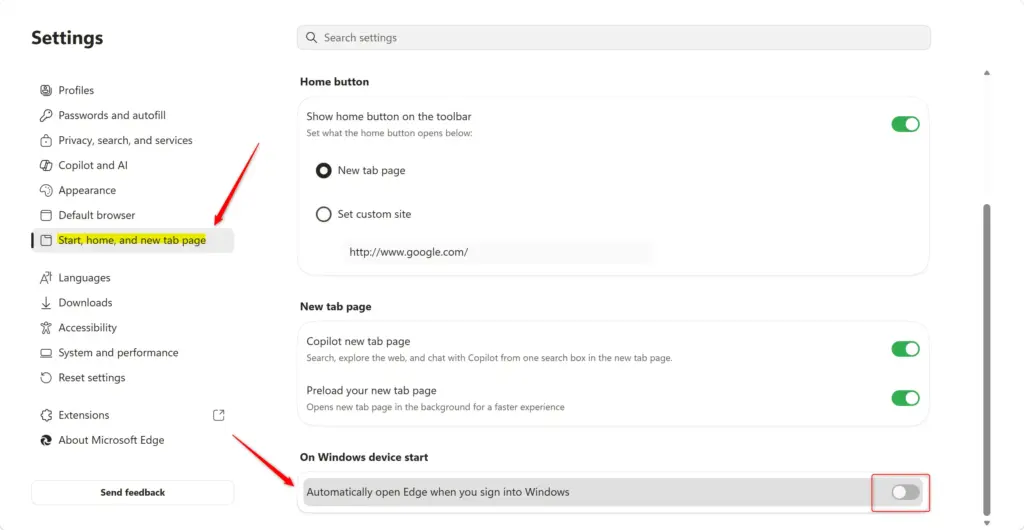 Microsoft Edge startup settings in Windows 11 to disable automatic opening.