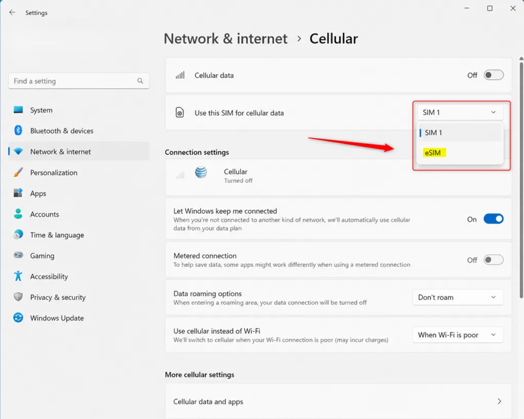 Checking Windows 11 for eSIM support in the Settings app.