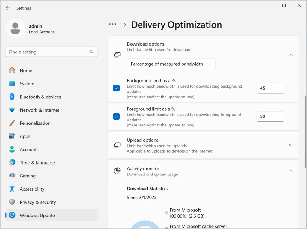 Delivery Optimization settings to limit download bandwidth in Windows 11.