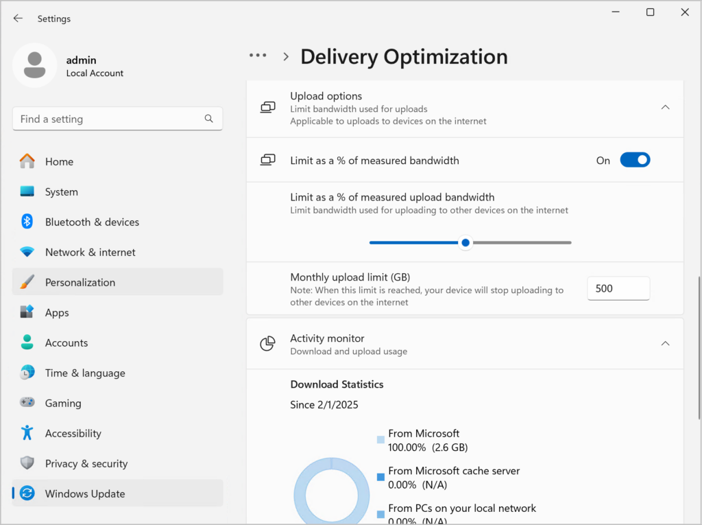 Windows 11 Delivery Optimization upload bandwidth limit settings page.