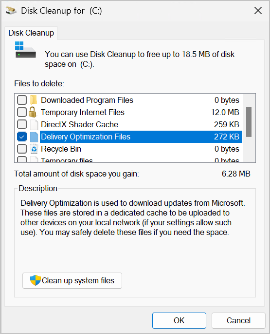 Disk Cleanup tool window for clearing Delivery Optimization cache in Windows 11.