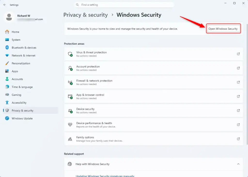 Open Windows Security button highlighted in the Windows 11 Settings app.