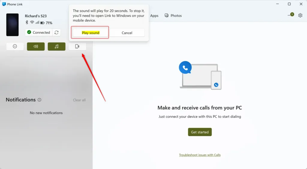 Phone Link app showing the 'Play sound' button to find a mobile device.