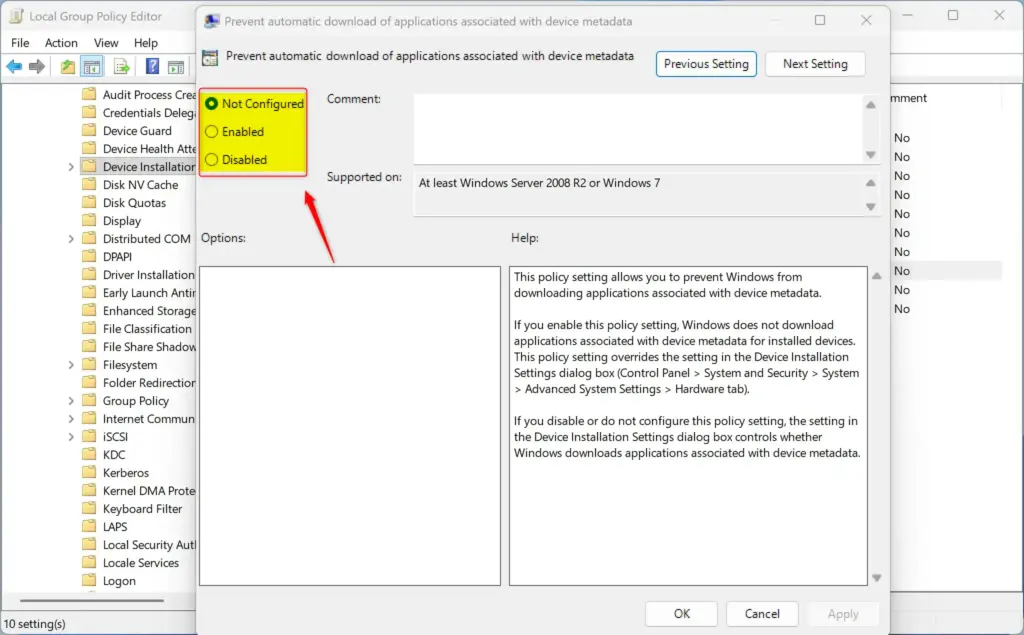 Options to prevent automatic app downloads in Windows 11 settings.