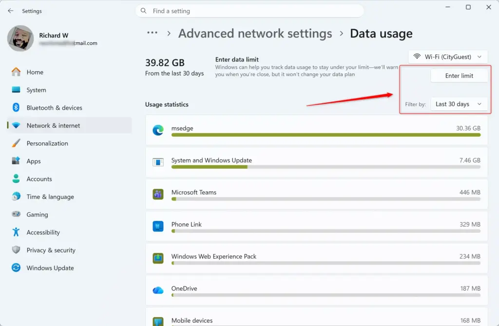 Windows 11 data limit options for Wi-Fi network usage.