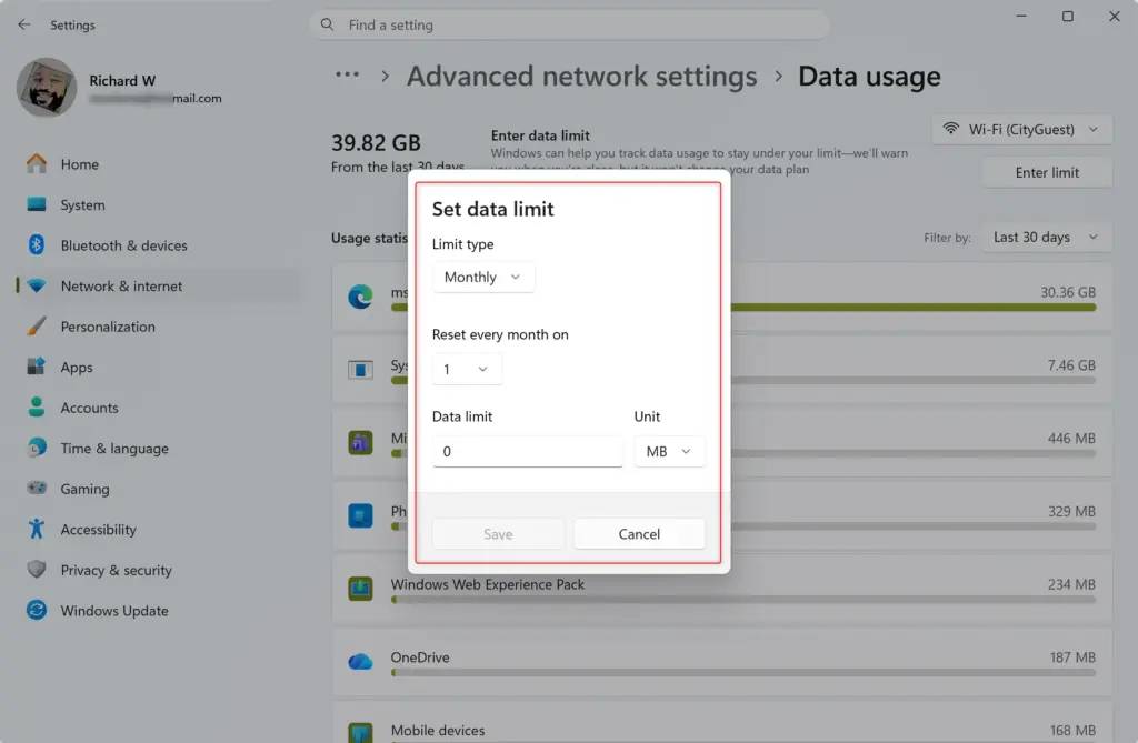 Setting a monthly data limit for Wi-Fi in Windows 11.