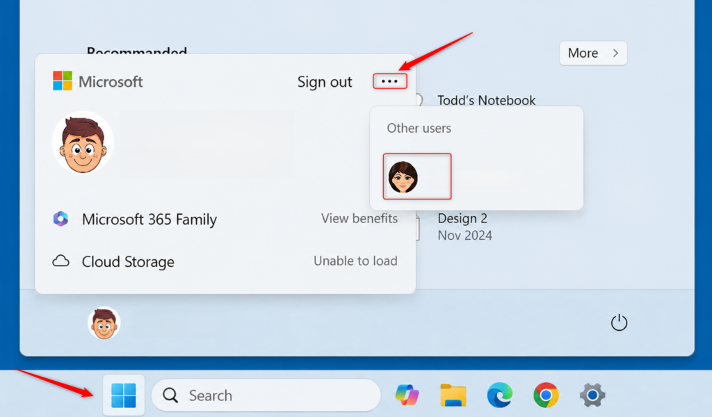Windows 11 Start Menu showing user tile with Switch User option