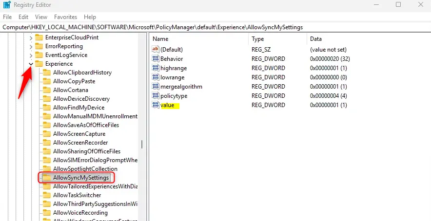 Registry Editor showing sync apps and preferences settings for Windows 11.