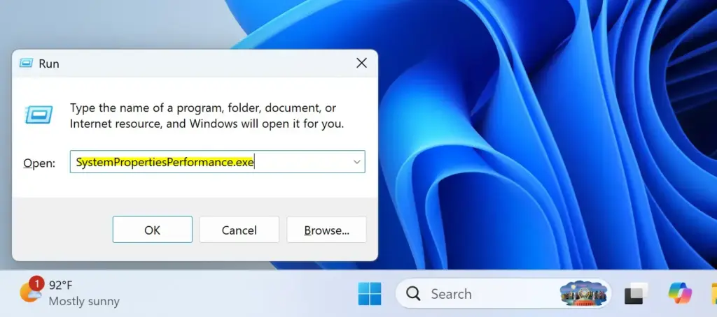 Open Windows Performance Options via Run box for icon label shadows.