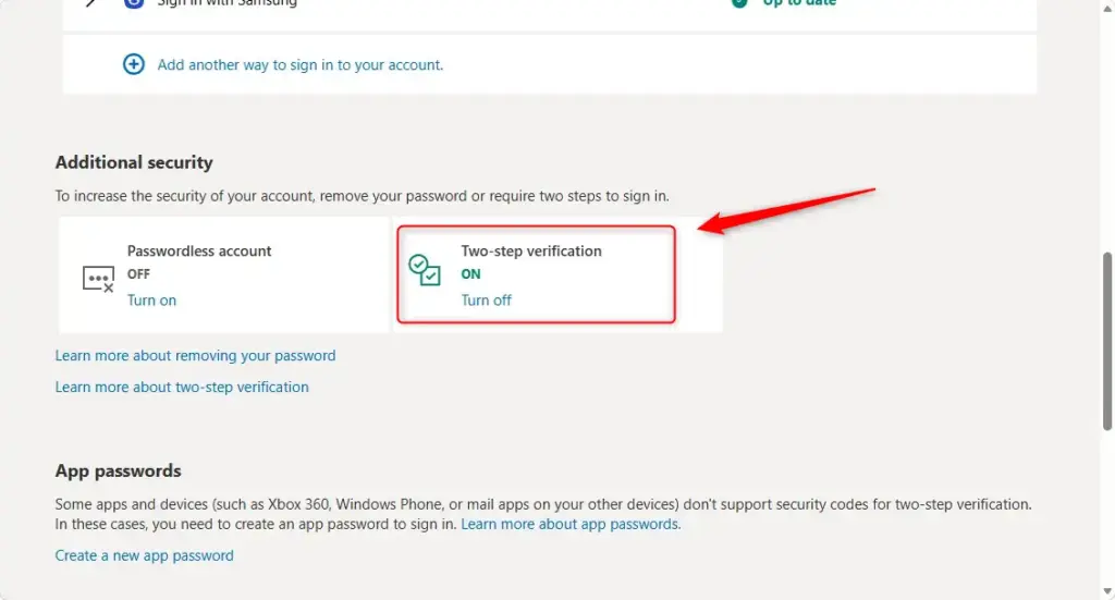 Two-factor authentication setup options for Microsoft Account and OneDrive.