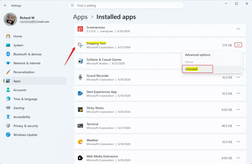 Uninstall Snipping Tool from Windows 11 settings menu.