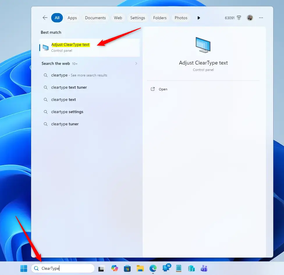 Searching for text scaling settings in Windows 11 Accessibility