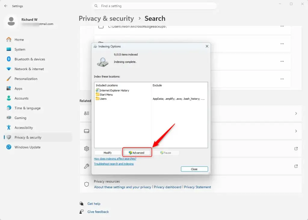 Clicking the Advanced button in Windows 11 indexing options.