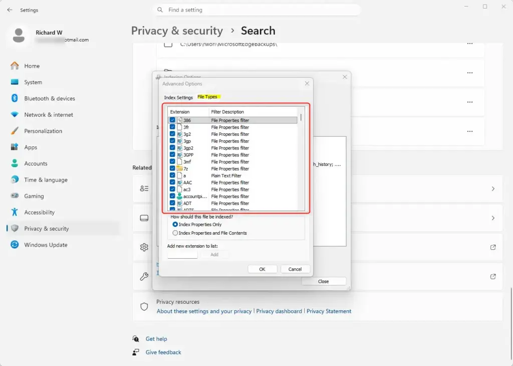 Configuring advanced file type indexing in Windows 11.