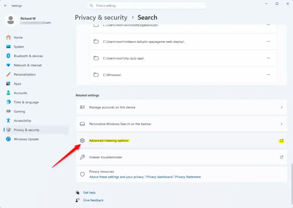 Windows 11 advanced indexing options for file types.