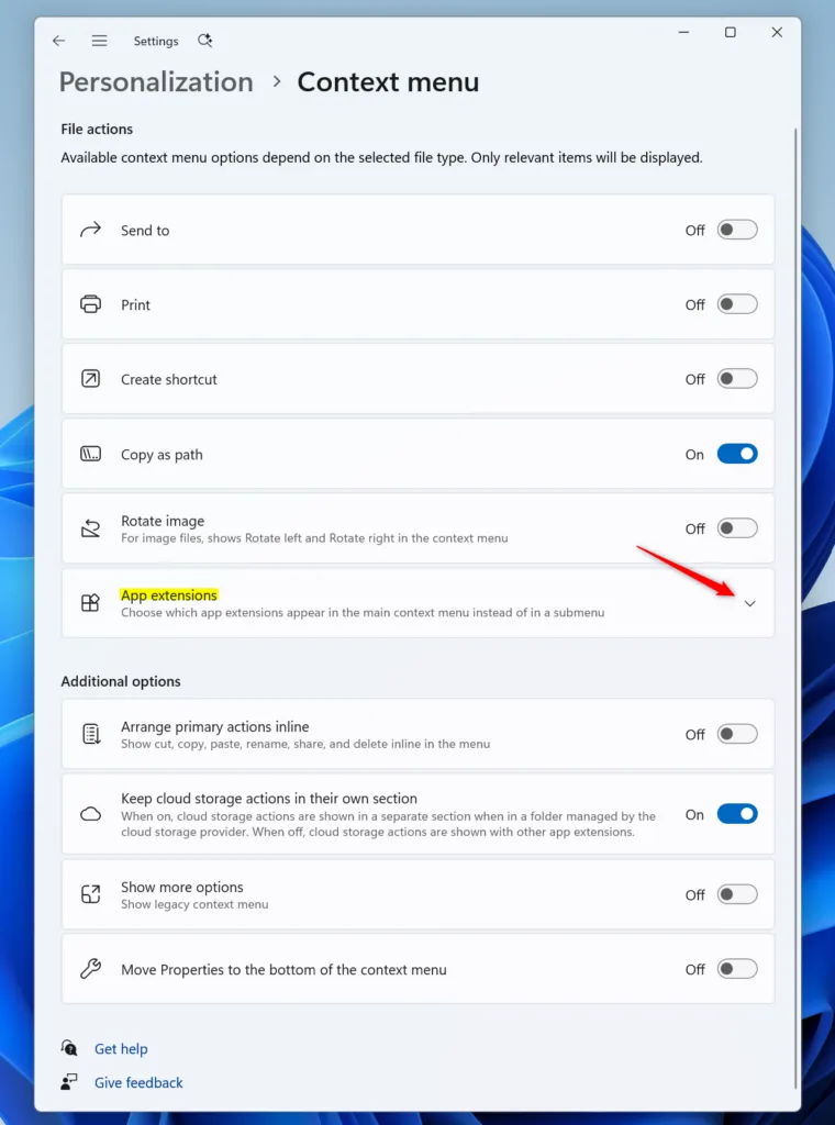 App extensions and actions in Windows 11 context menu settings