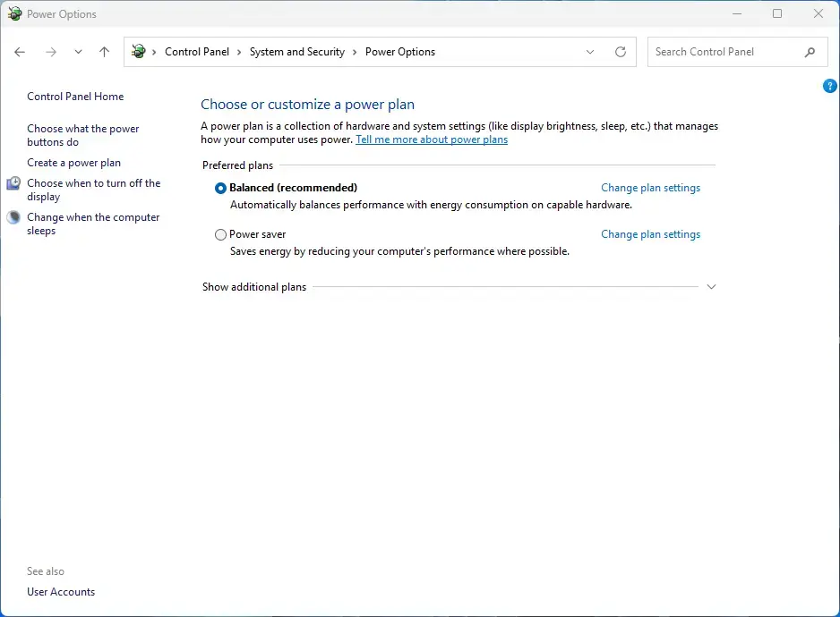 Control Panel › System and Security › Power Options