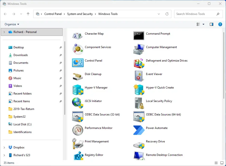 Control Panel › System and Security › Windows Tools