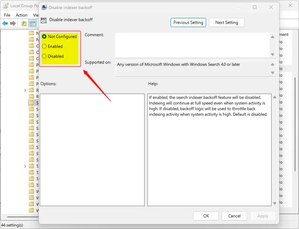 Windows 11 Group Policy Editor options for disabling search indexer backoff.