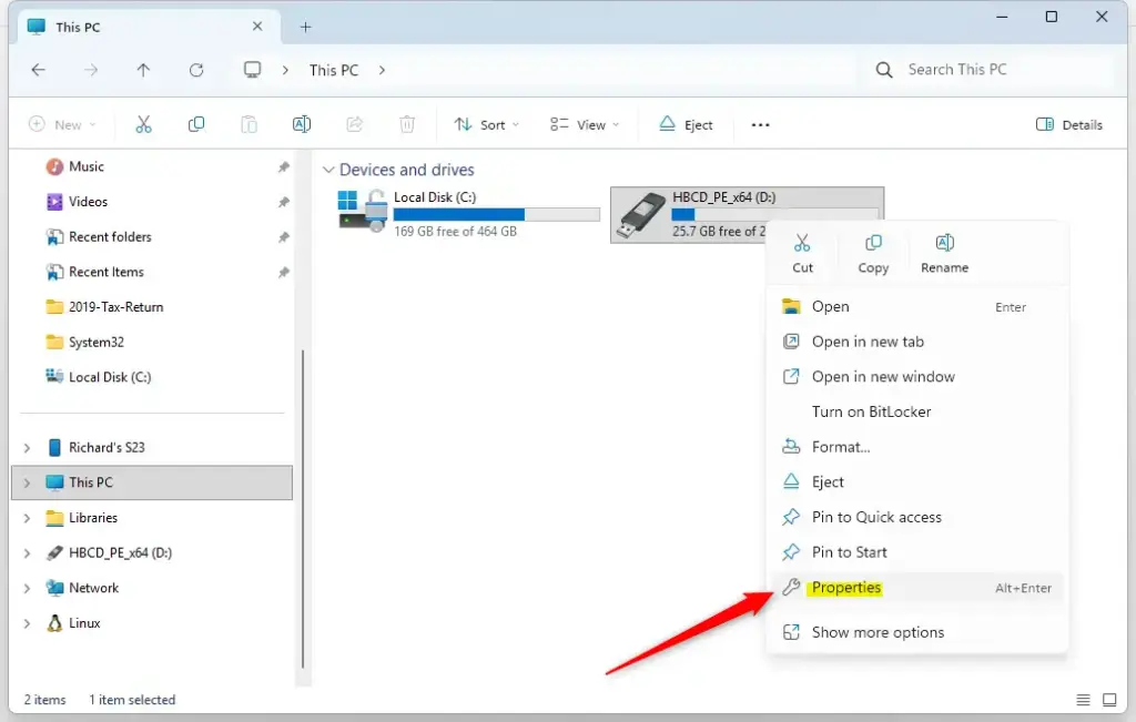 Access drive properties context menu to manage Windows 11 search indexing.