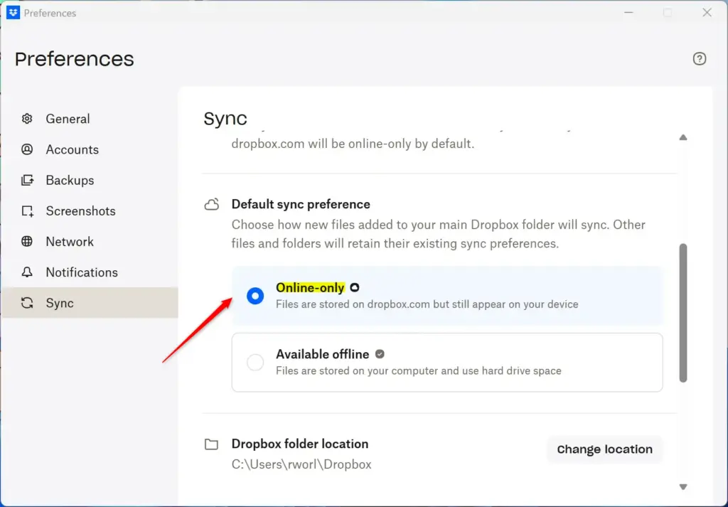 Dropbox sync settings window showing 'Smart Sync' options for online-only files.