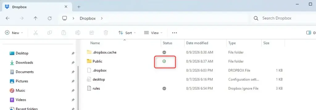 Dropbox interface showing allowed files and folders on Windows.