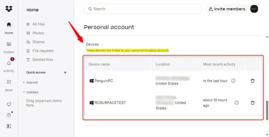 Dropbox security settings showing a list of connected devices.