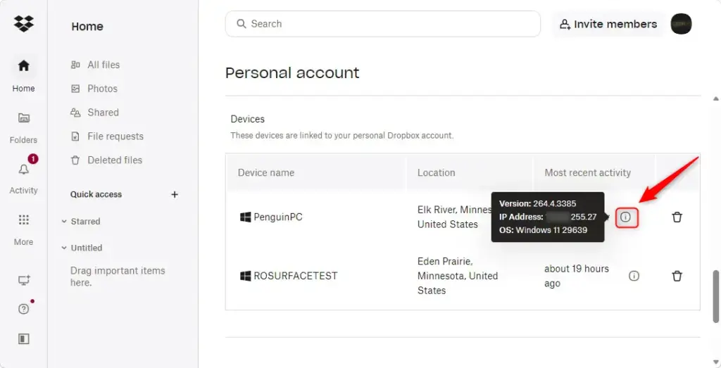 Dropbox security settings showing IP address details for a connected device.
