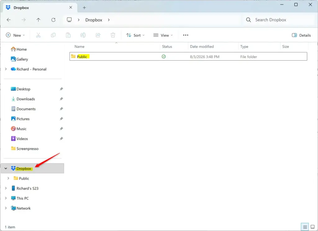 Dropbox folder contents displayed in Windows File Explorer.