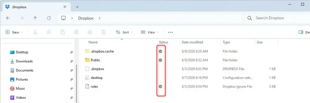Dropbox interface showing ignored files and folders on Windows.