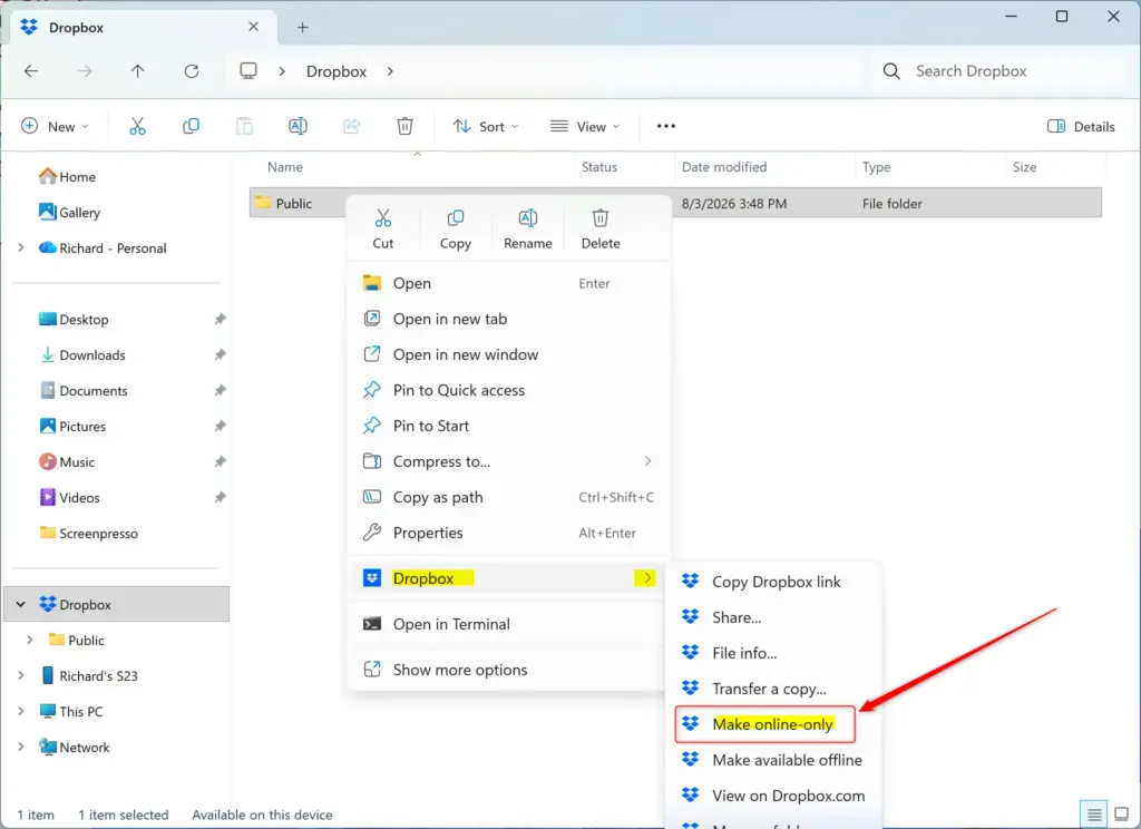 Dropbox file properties showing 'Online-only' status selected.