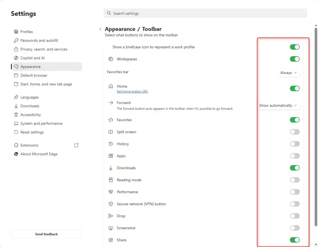 Customizing Microsoft Edge toolbar buttons for user preference.