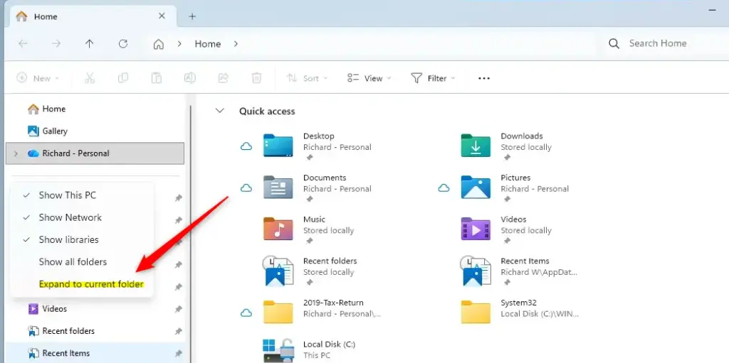 Right-click menu in Windows 11 File Explorer showing Expand to current folder option